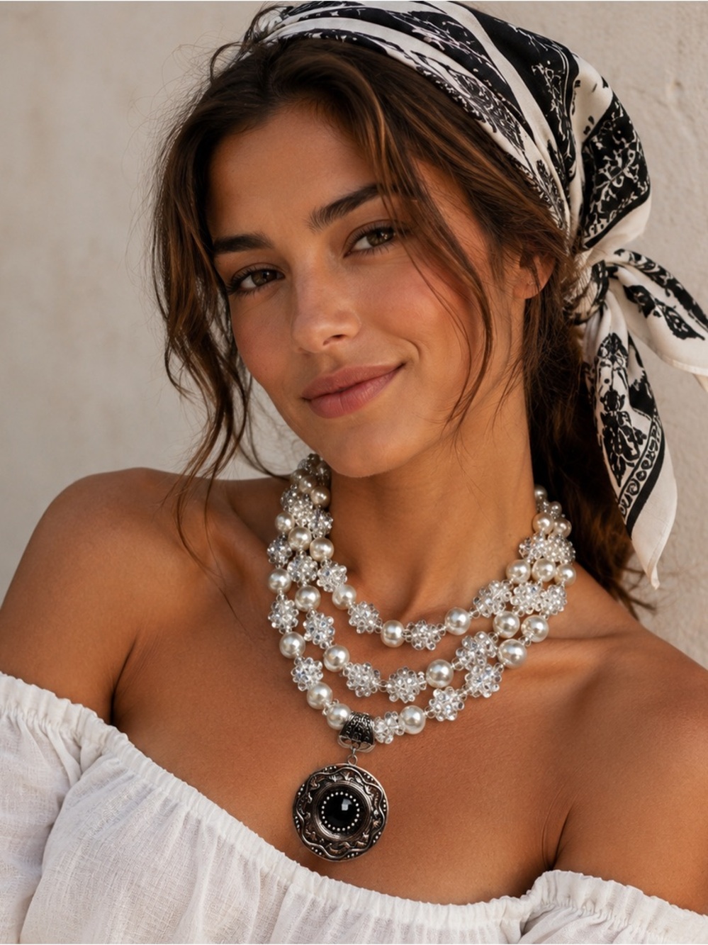🆕❤️😱OMG! Elegant Triple-Strand Pearl Statement Necklace with Black Pendant